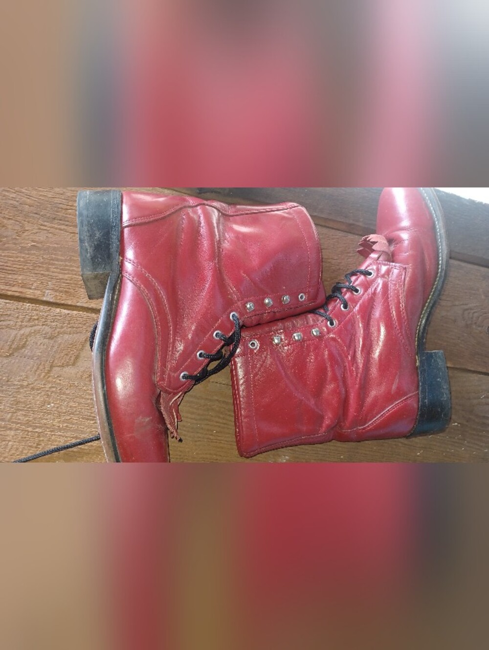 Vintage 70s Leather Red Lace-Up Combat Boots Roper Cowgirl Oxblood Lace Up